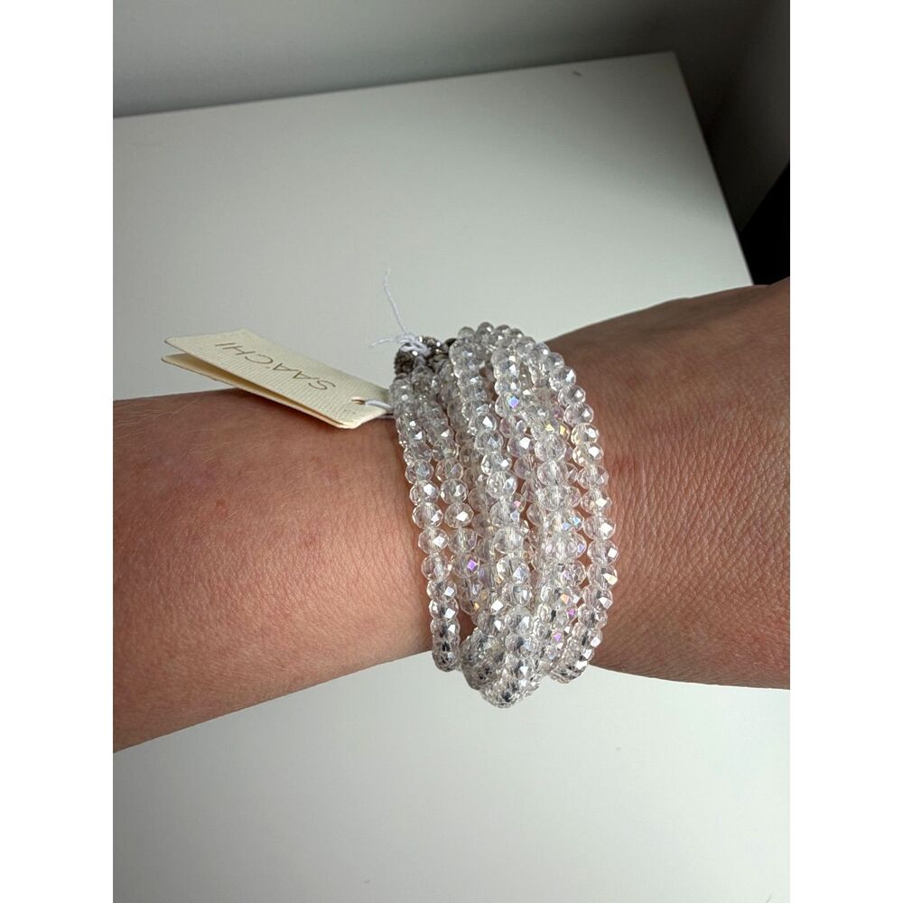SAACHI Crystal Beaded Stretch Bracelet Clear Faceted Glass Stackable Bracelets